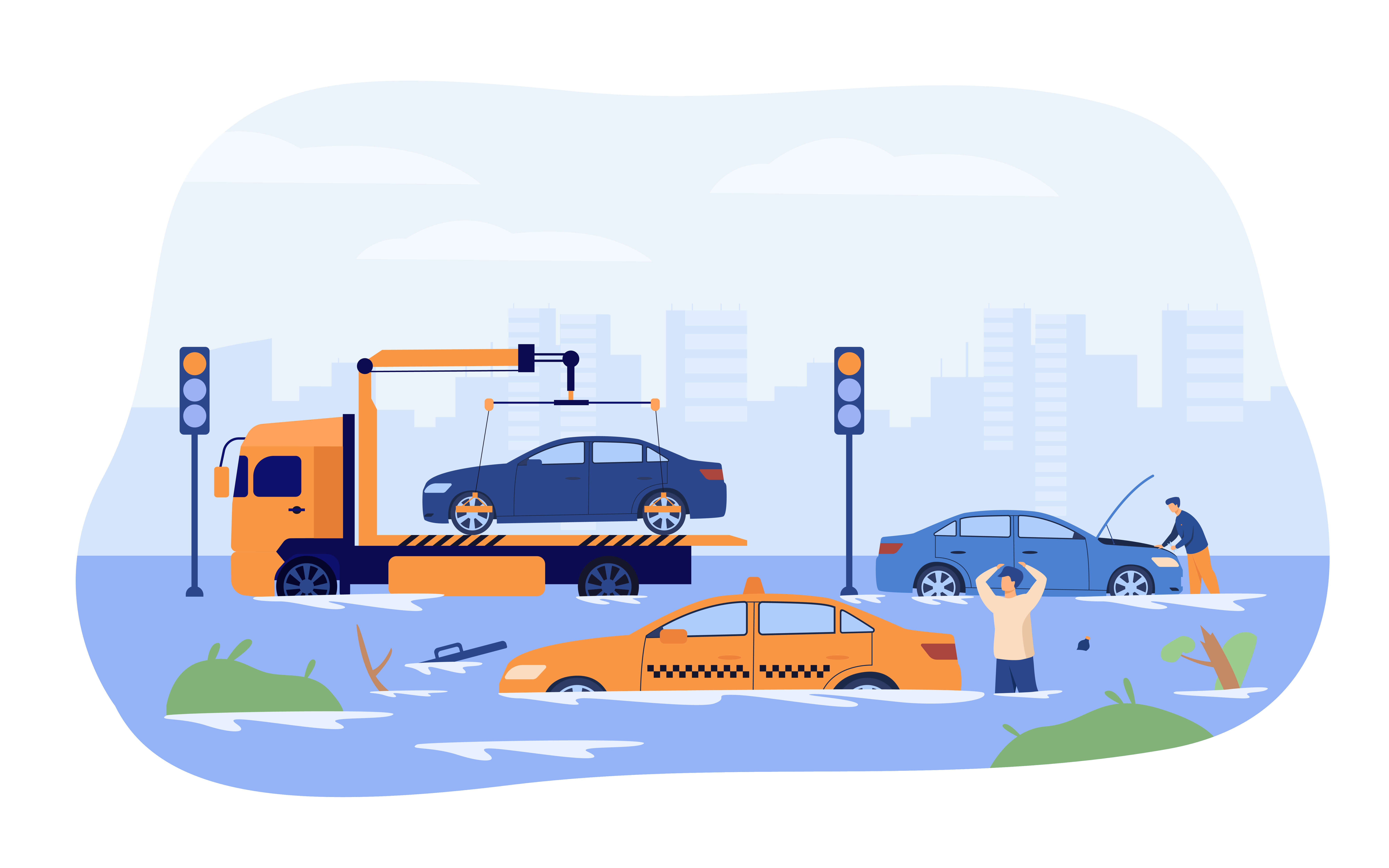 Imagem ilustrativa de um alagamento na rua e carros transbordando