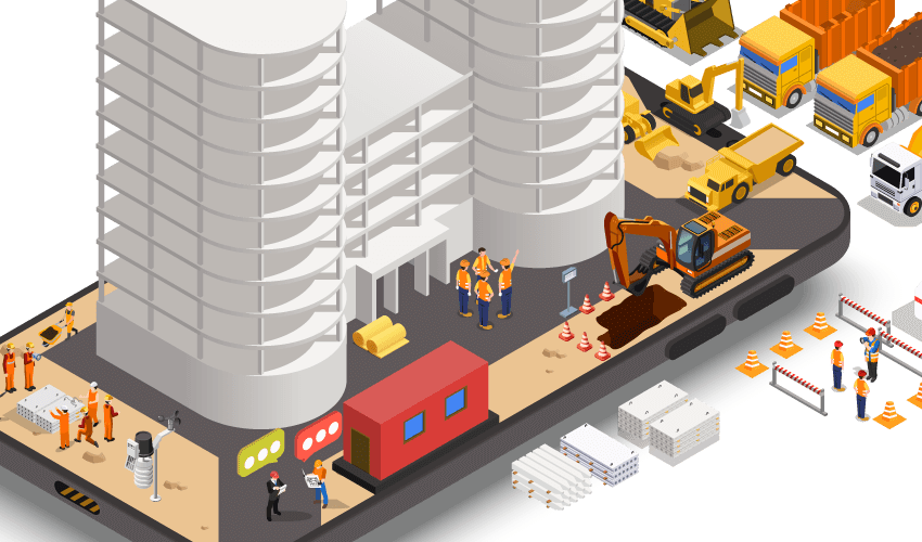 A imagem ilustra um conceito isométrico de um estaleiro de construção