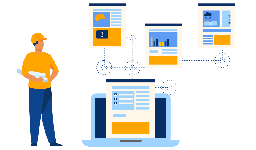 Esta ilustração representa um sistema de gestão corporativa ou um painel de controlo de projetos empresariais