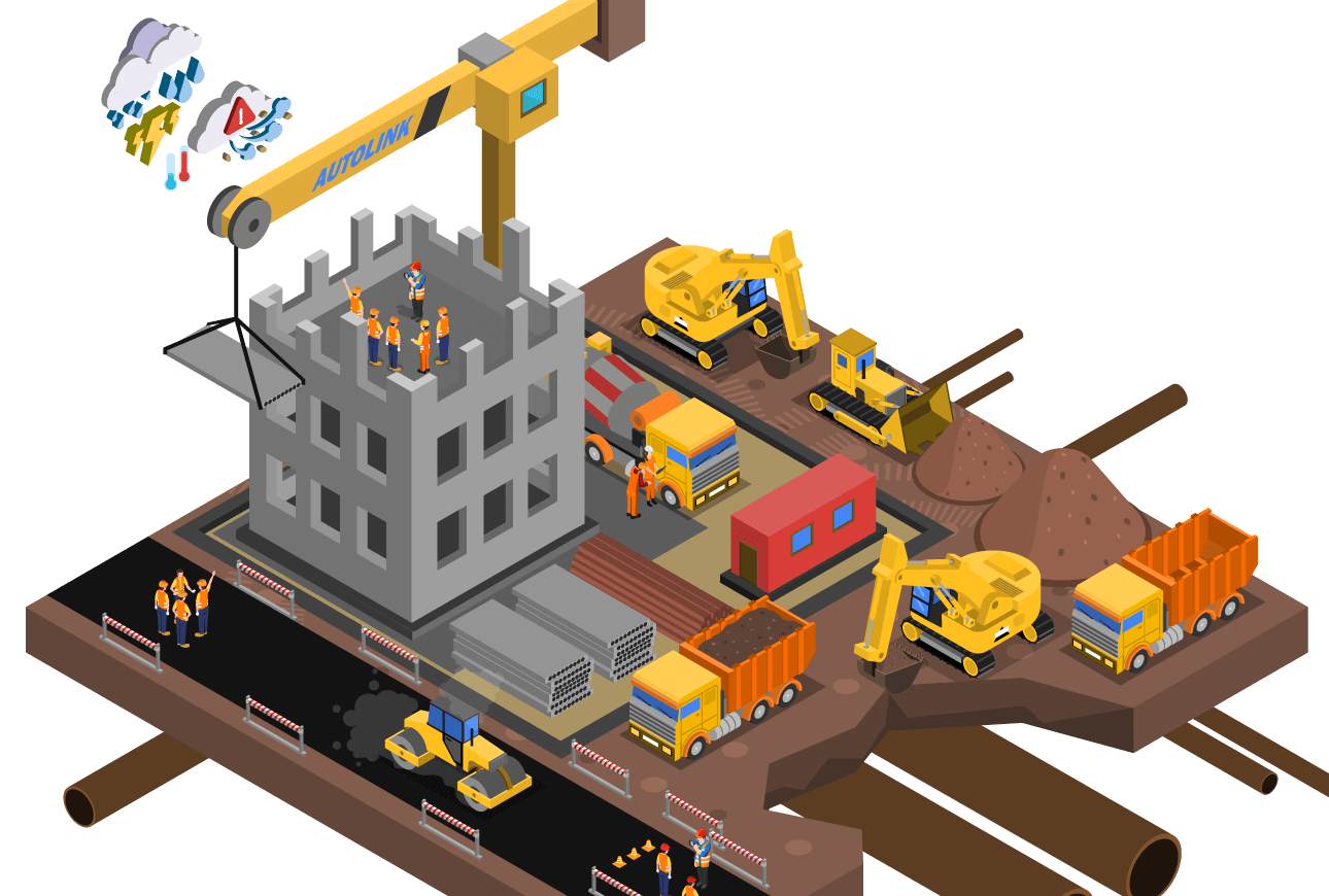 Imagem ilustrativa isometrica de uma construção com diferentes funcionalidades