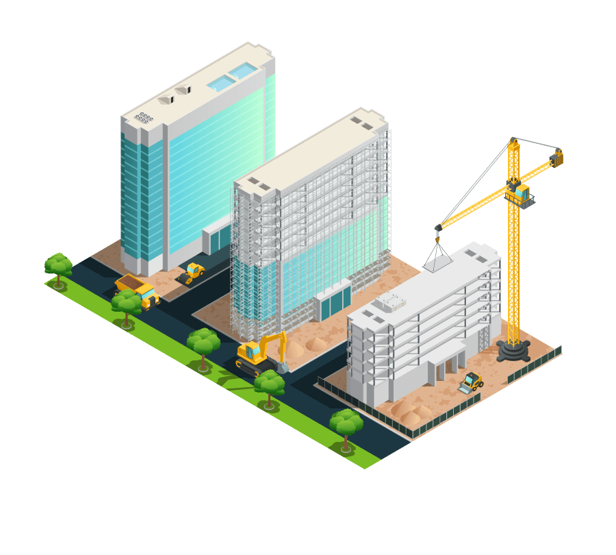 Ilustração isometrica de predios  de uma obra civil em andamento