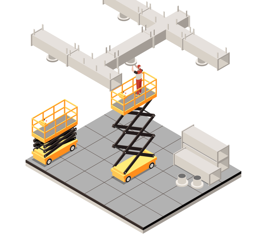Ilustração representando uma obra de manutenção elevando um funcionario