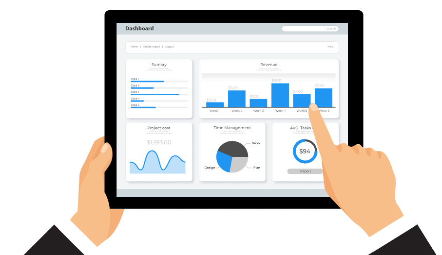Infográfico vetorial  de um tablet com informações em graficos