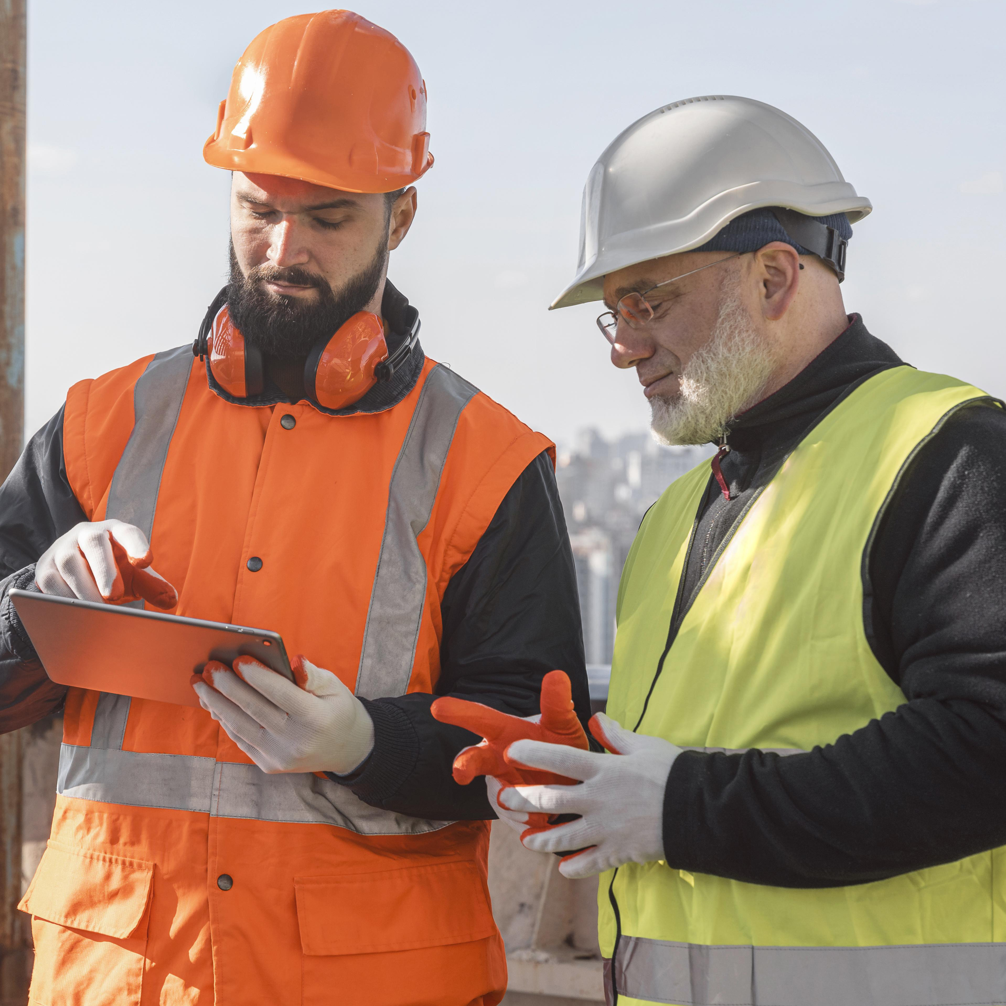 A foto apresenta dois profissionais atuando em uma obra de construção verificando em um tablet
