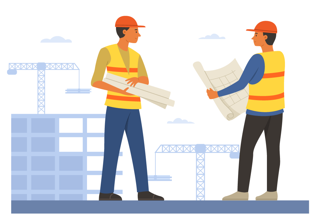 Desenho vetorial de comunicação entre canteiro de obras verificando plantas