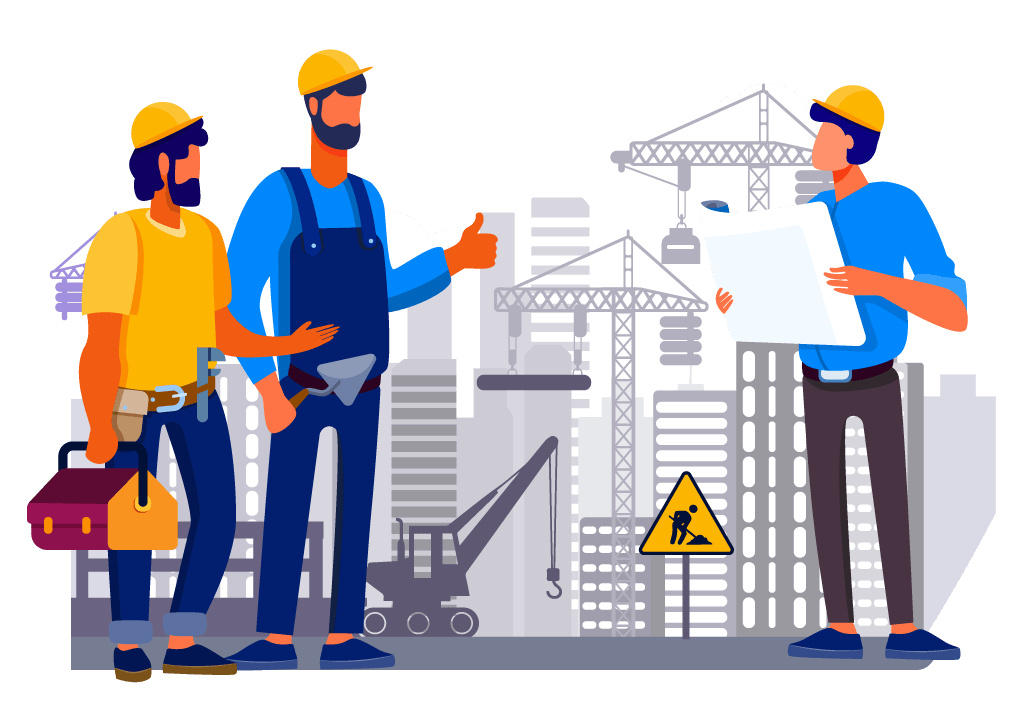 Desenho vetorial de equipes em local de trabalho sinalizado