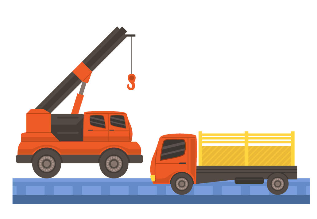 Desenho vetorial de caminhões, escavadeiras, ônibus, guindaste e geradores