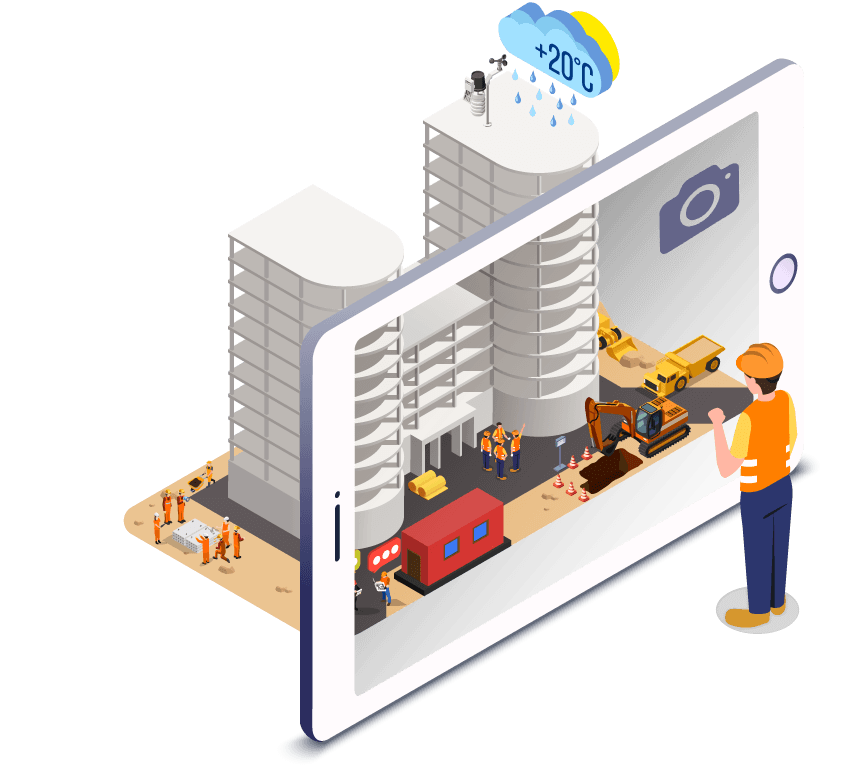 Imagem vetorial ilustrativa de funcionario vendo registro da obra por foto