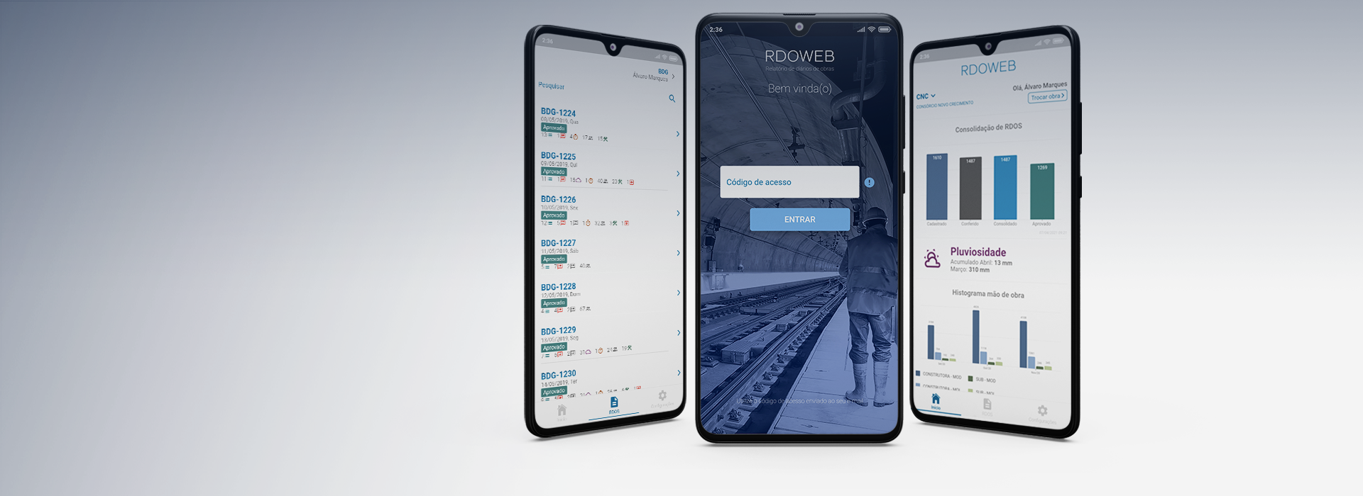 3 telas do aplicativo mobile RDOWEB.