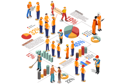 Desenho vetorial de funcionários de obras com coletes sinalizadores entre gráficos e estatísticas.