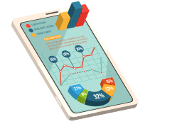 Tablet isométrico com três diferentes gráficos em vermelho, azul, amarelo e verde.