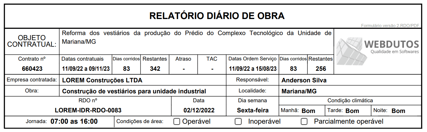 Cabeçalho do RDO PDF de uma obra, com informações sobre a empresa, datas da obra e logo.