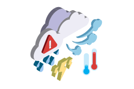 Desenho vetorial de nuvens, com termômetros, raios e gotas de água ao redor.