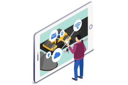 Ilustração de homem usando celular, que mostra grafos e rolo compressor.