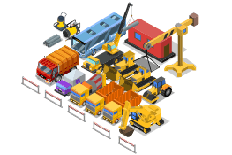Desenho vetorial de caminhões, escavadeiras, ônibus, guindaste e geradores.