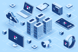 Ilustração de datacenter, computadores, celular, relógio digital, HD externo e representação da nuvem em fundo azul claro.