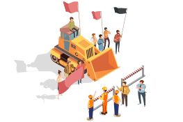 Desenho vetorial de manifestação, com pessoas sentadas em retroescavadeira segurando bandeiras em frente a funcionários da obra
