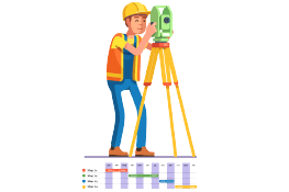 Desenho vetorial de topógrafo com colete sinalizador sobre gráfico.