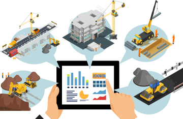 Desenho vetorial de tablet ilustrando cinco diferentes tipos de obras e equipamentos.