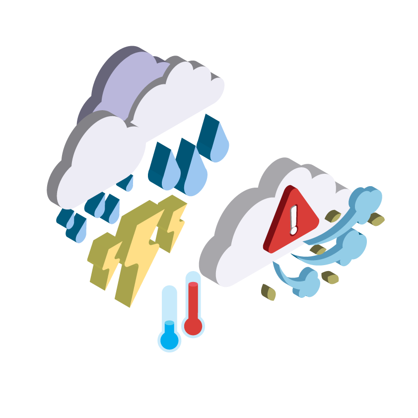 Desenho vetorial de nuvens, com termômetros, raios e gotas de água ao redor.