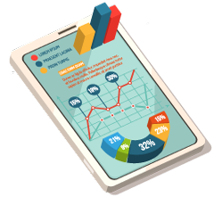 Tablet isométrico com três diferentes gráficos em vermelho, azul, amarelo e verde.