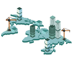 Continentes em verde ilustrados em visão isométrica, com prédios e guindastes em cima.