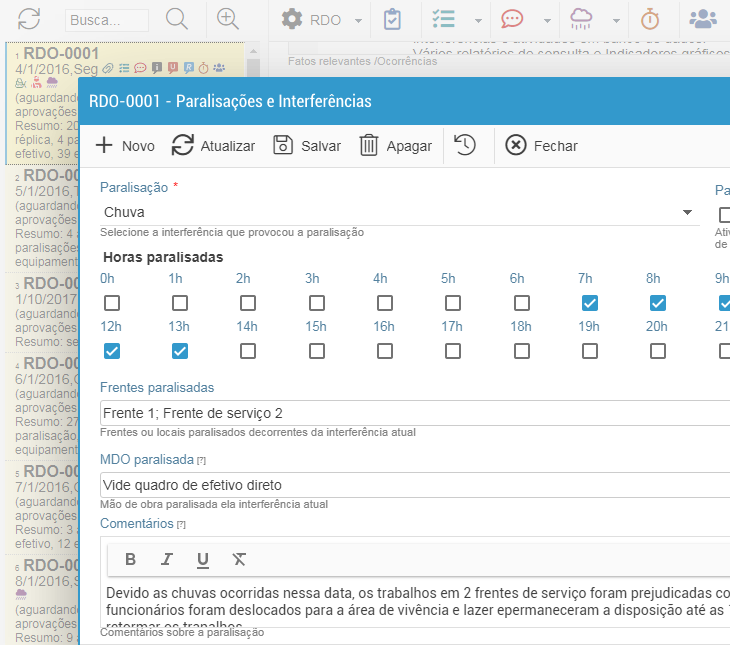 Tela de paralisações e interferências cadastradas em diário no RDOWEB.