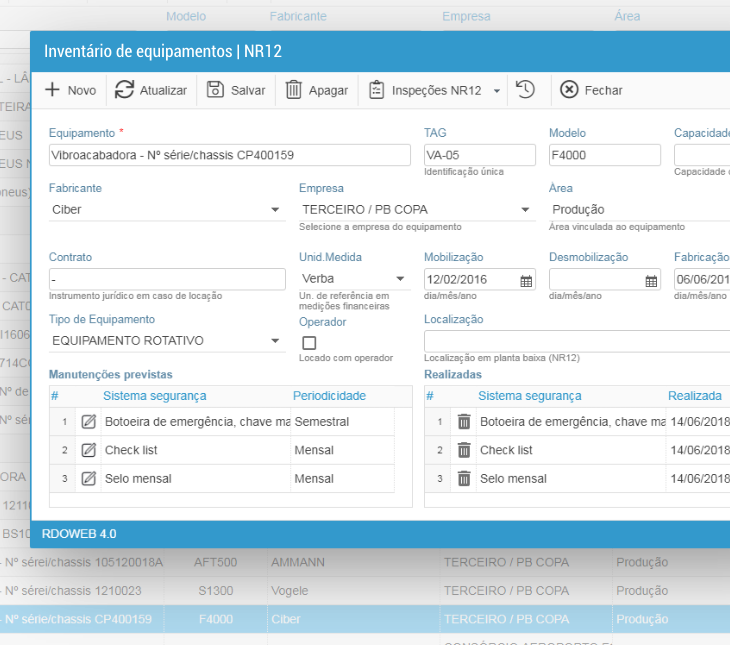 Tela com inventário de equipamentos e suas informações no RDOWEB.