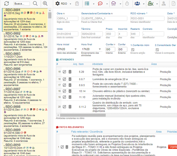 Tela do software RDOWEB com diário preenchido.
