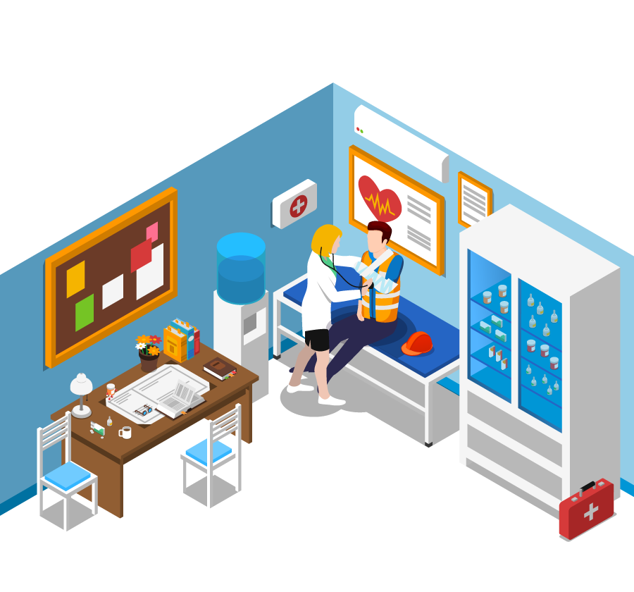 Desenho vetorial de enfermeira tratando de funcionário com colete sinalizador em consultório médico.