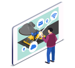 Ilustração de homem usando celular, que mostra grafos e rolo compressor.