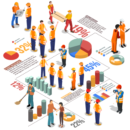 Desenho vetorial de funcionários de obras com coletes sinalizadores entre gráficos e estatísticas.