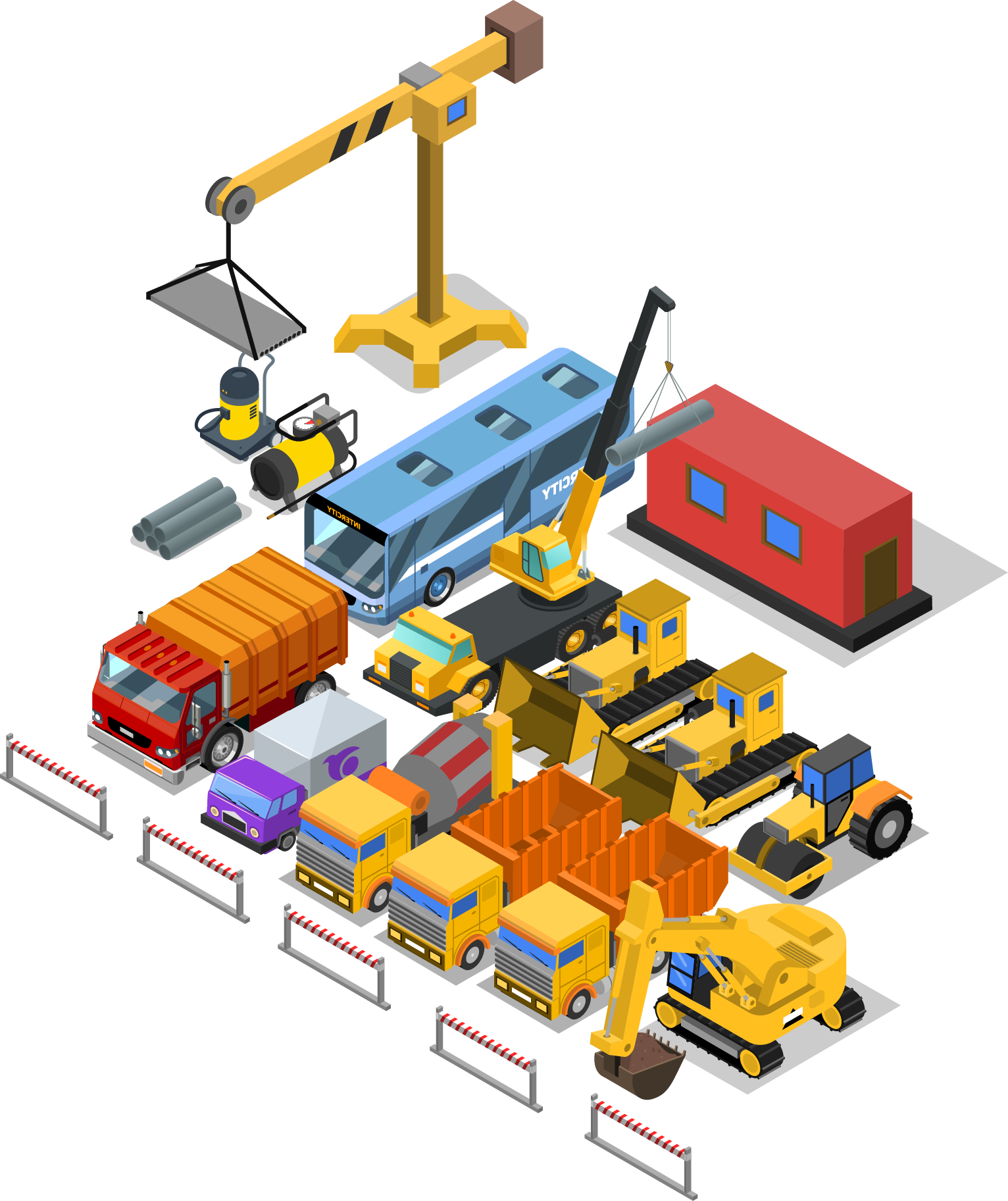 Desenho vetorial de caminhões, escavadeiras, ônibus, guindaste e geradores.