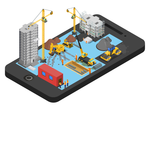 Desenho vetorial de canteiro de obras com prédios e guindastes sobre celular preto.