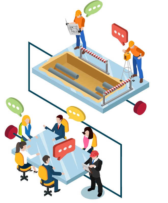 Desenho vetorial de comunicação entre canteiro de obras e funcionários executivos.