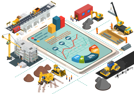 Ilustração de tablet com gráficos e desenhos de pontes, equipamentos, prédios e guindates em volta.
