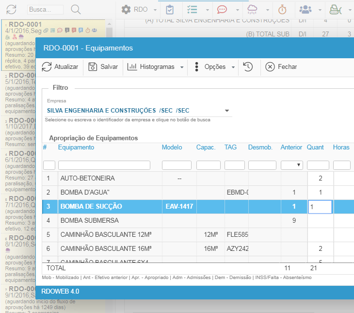 Tela com equipamentos cadastrados no RDOWEB.