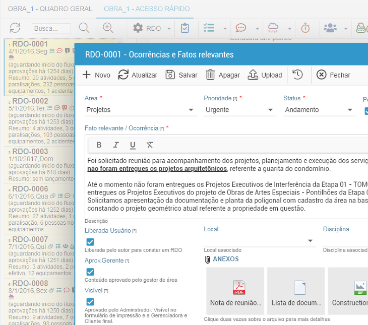 Tela de ocorrências e fatos relevantes cadastrados em diário no RDOWEB.